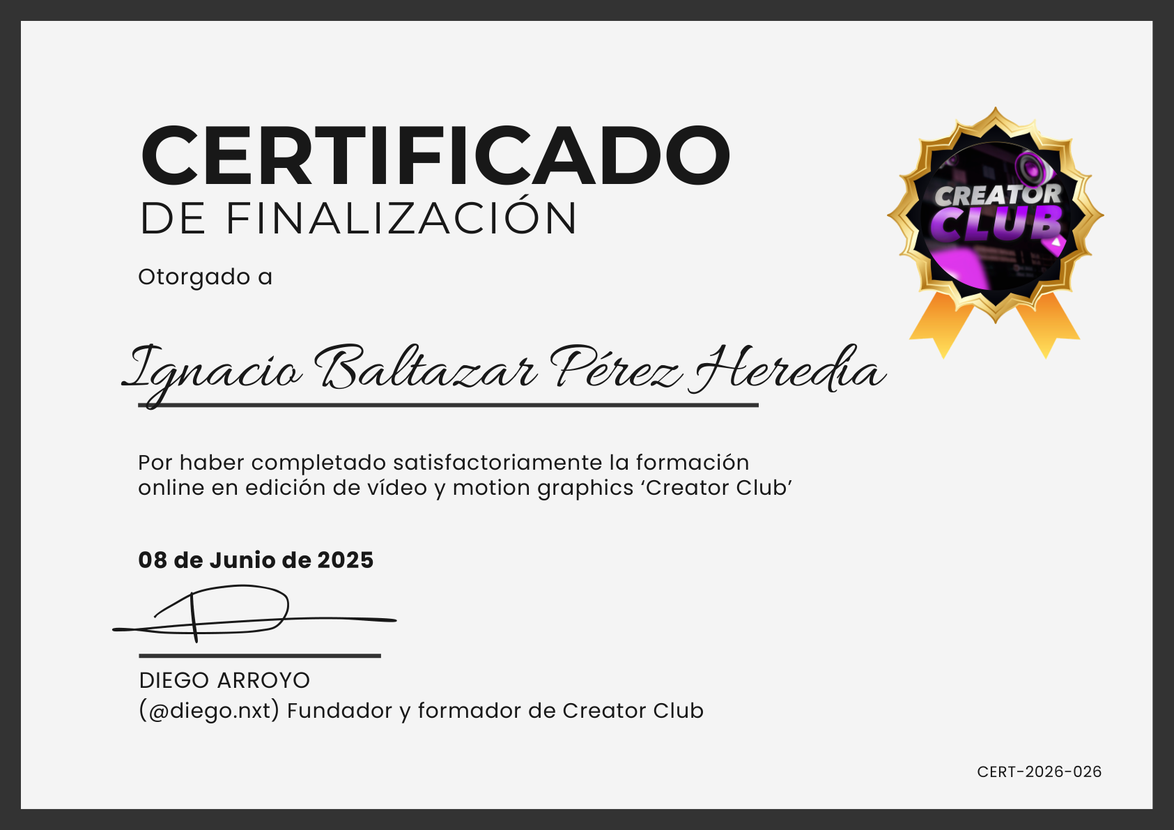 Certificado Creator Club - Ignacio Pérez